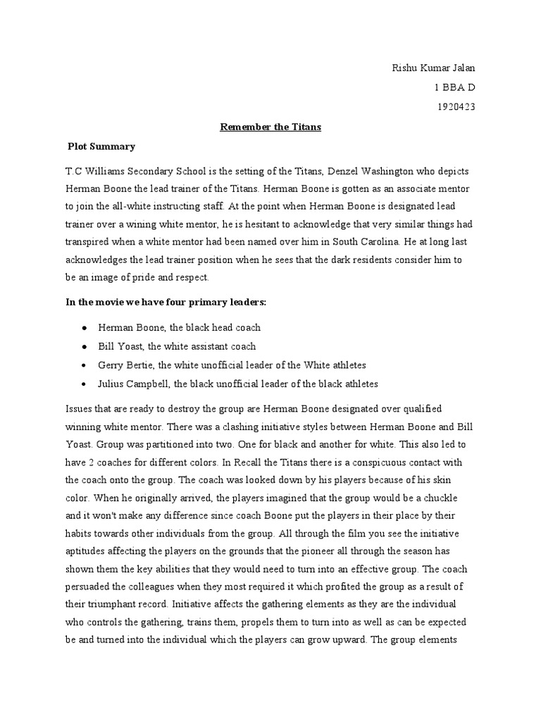 Remember The Titans Plot Summary PDF Racism Discrimination & Race Relations