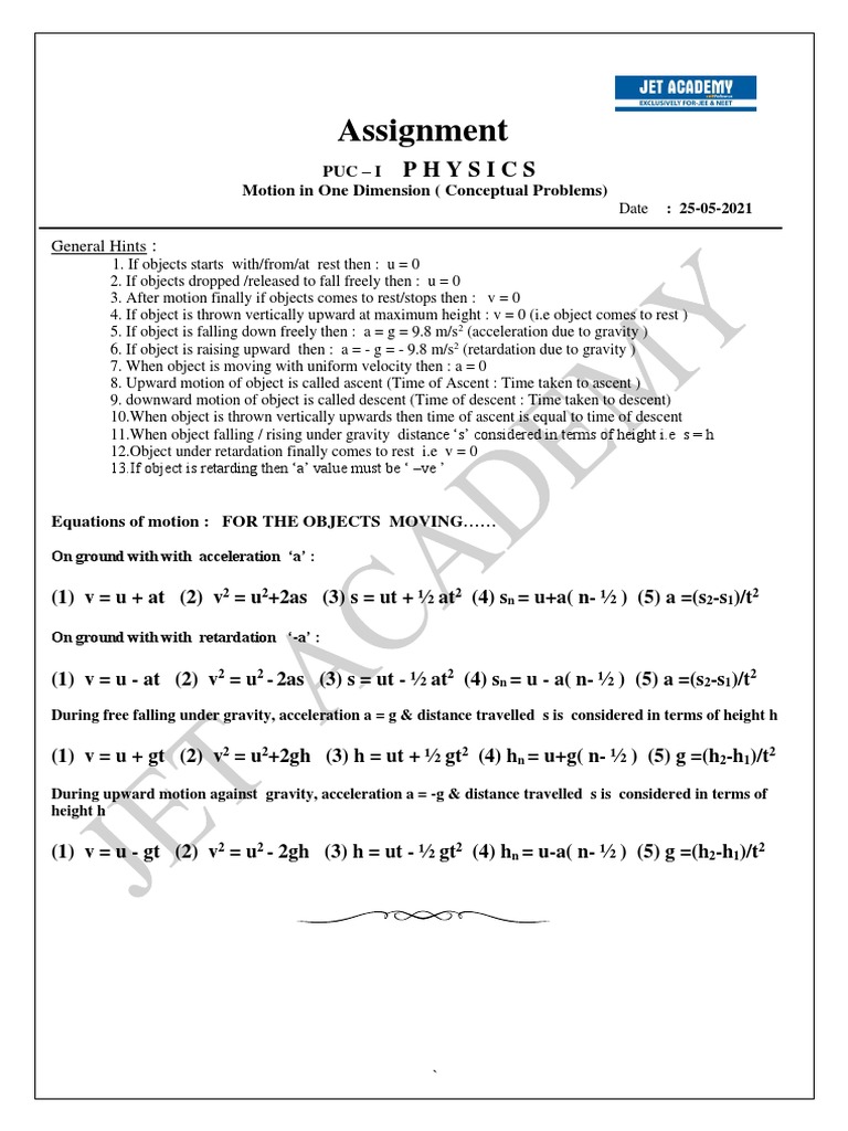 Equation of Motion Concept Problems PDF Acceleration Velocity