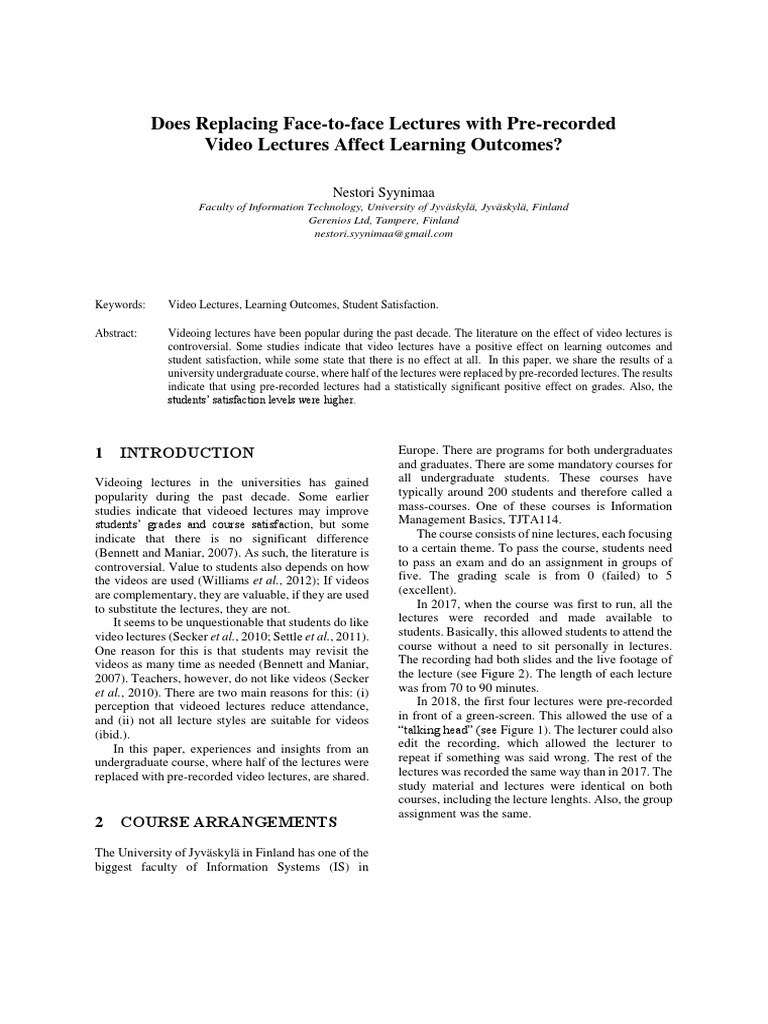 Does Replacing Face-To-Face Lectures With Pre-Recorded Video Lectures ...