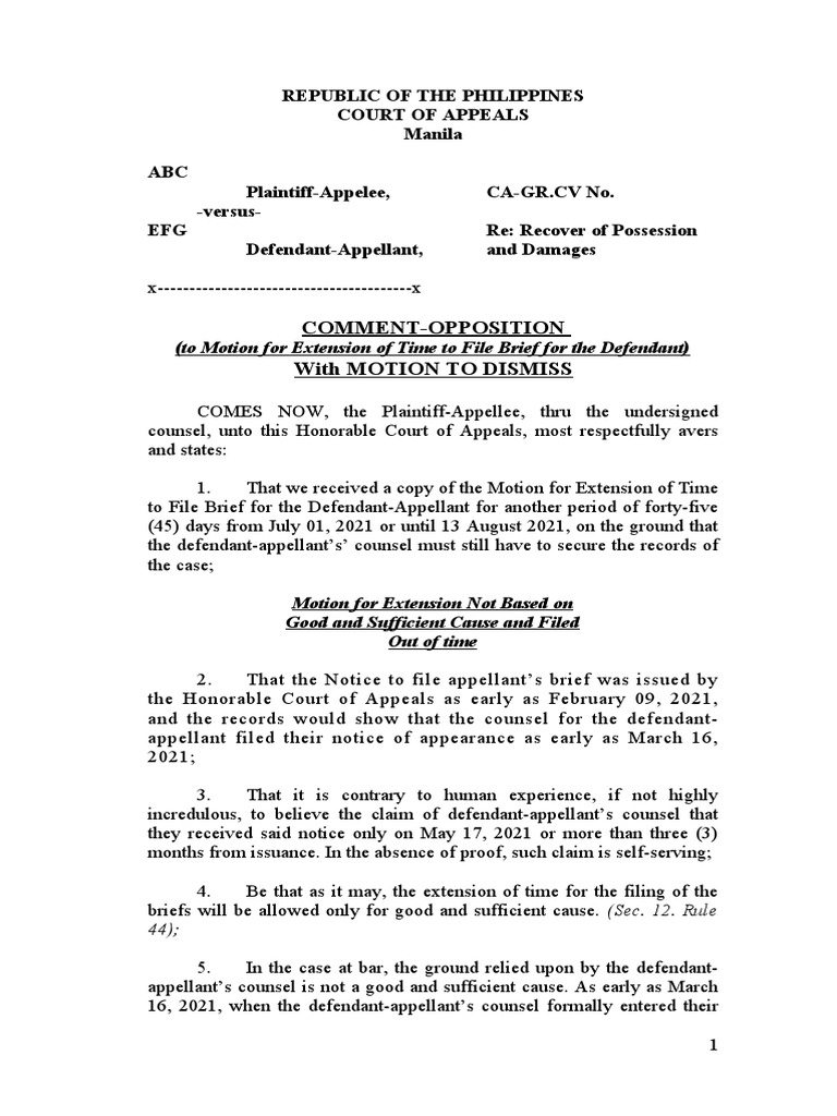 Opposition to Extension of Appeal Brief | PDF | Brief (Law) | Appeal