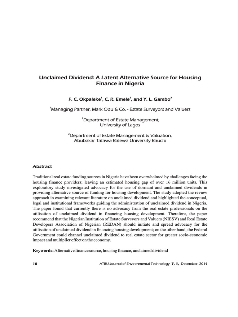 Unclaimed Dividend A Latent Alternative Source For Housing Finance in
