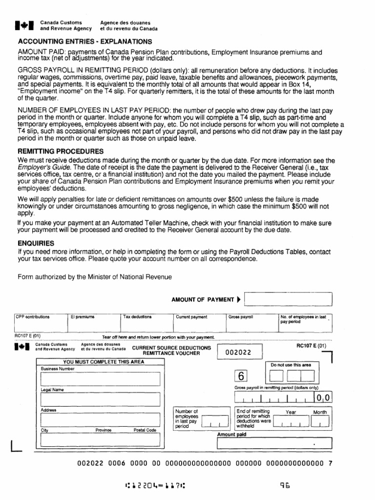 How To Fill Out Current Source Deductions Remittance Voucher Cra