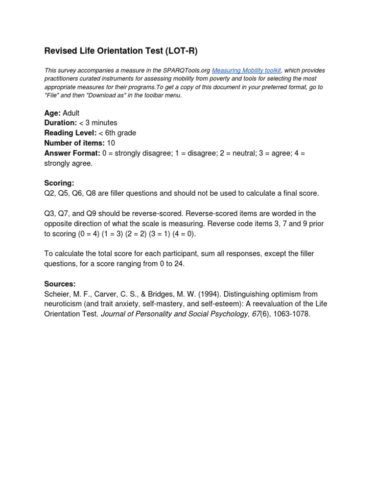 LIFE ORIENTATION TEST REVISED LOT R PDF intelligence overview