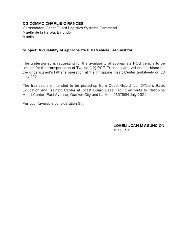 Request for PCG Vehicle for Trainees | PDF | Business