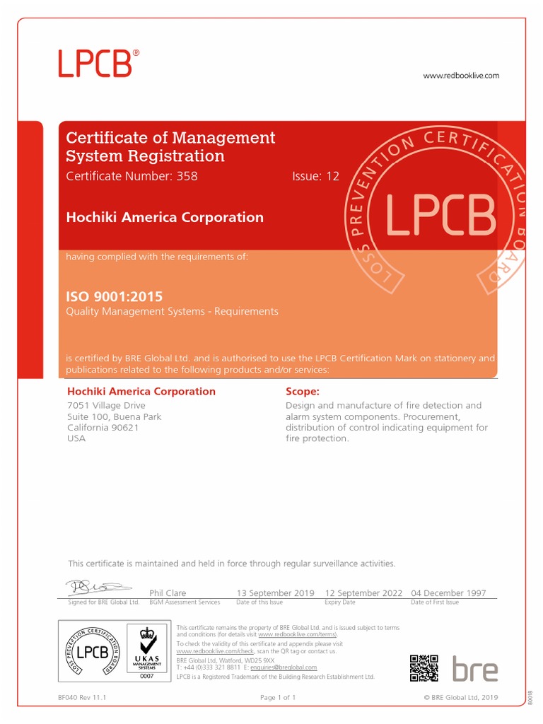 91.ISO 9001 2015 Hochiki America Corporation PDF