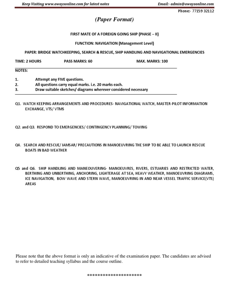Question Bank Bridge Watchkeeping, Search & Rescue, Ship Handling and