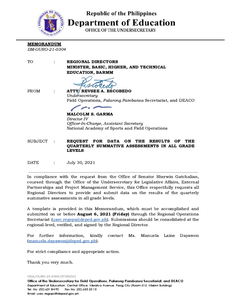 OURO 21 0304 - Memorandum To RDs - Request For Data On The Results of ...
