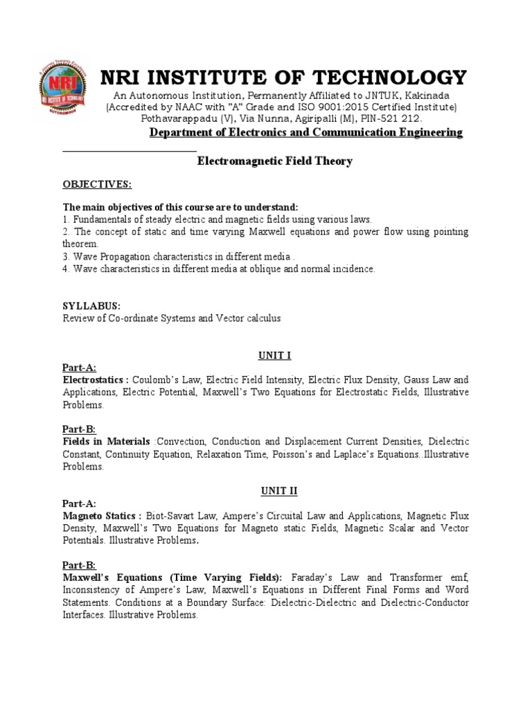 Electromagnetic Field Autonomous Syllabus 10 08 19 Final Pdf