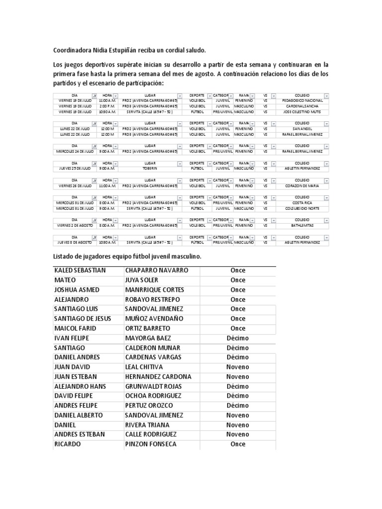 Calendario Juegos Deportivos Supérate | PDF