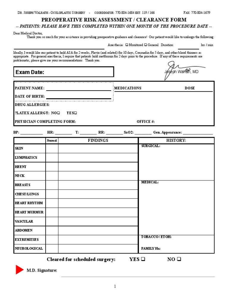 Preoperative Risk Assessment Form | PDF | Surgery | Anesthesia