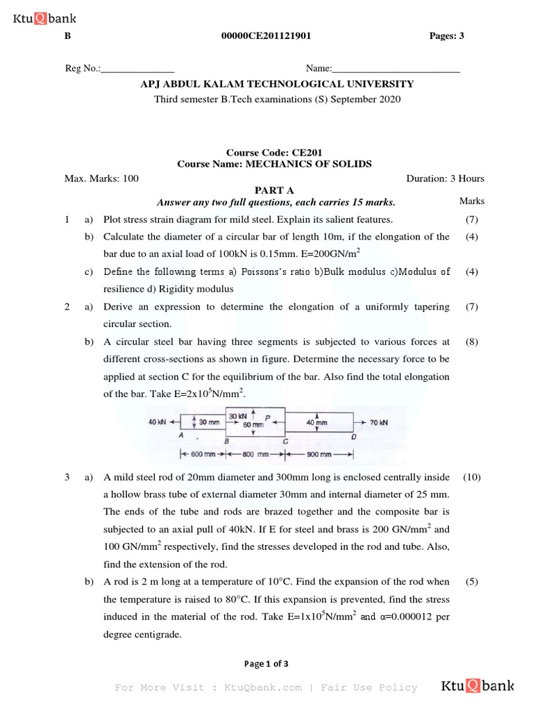 Mechanics of Solids exam questions and solutions | PDF | Bending ...
