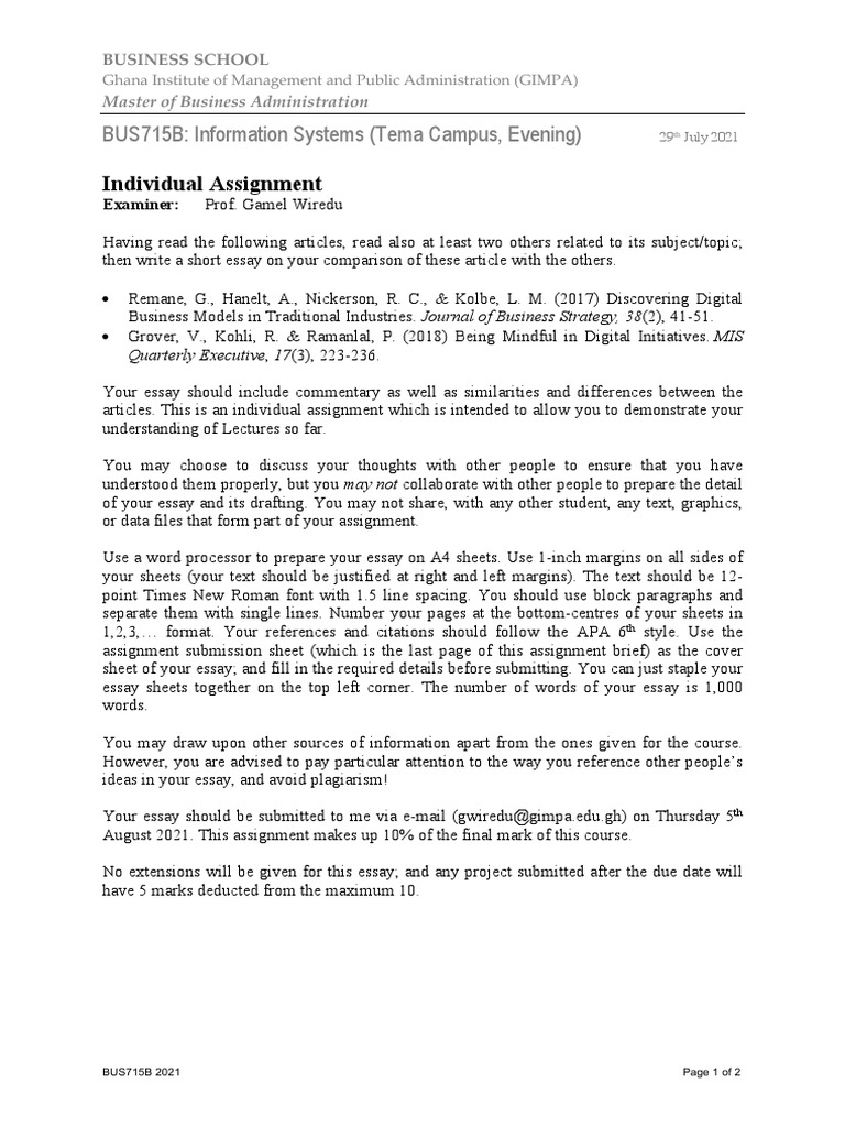 GIMPA MBA Essay Assignment Guidelines | PDF | Essays | Communication