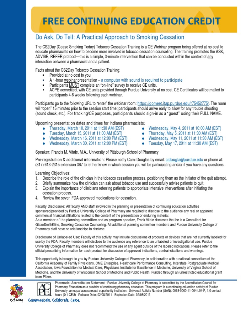 Smoking Cessation CE Offering PDF Pharmacist Smoking Cessation