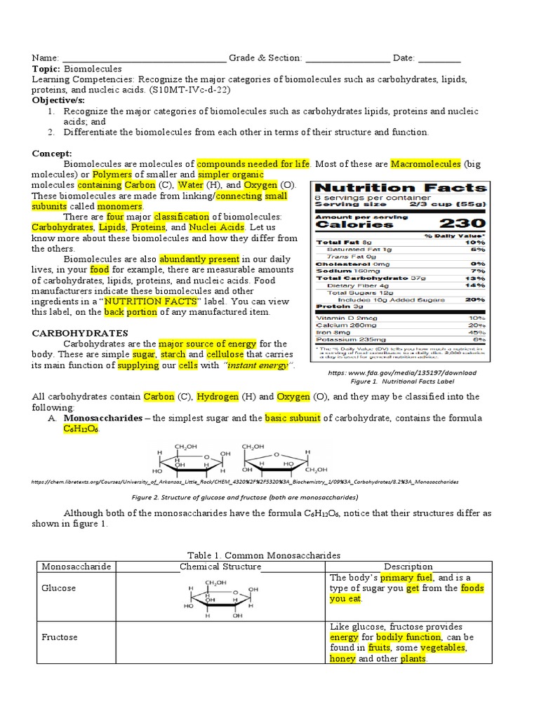 Topic Biomolecules Figure 1. Nutrition Facts Label PDF