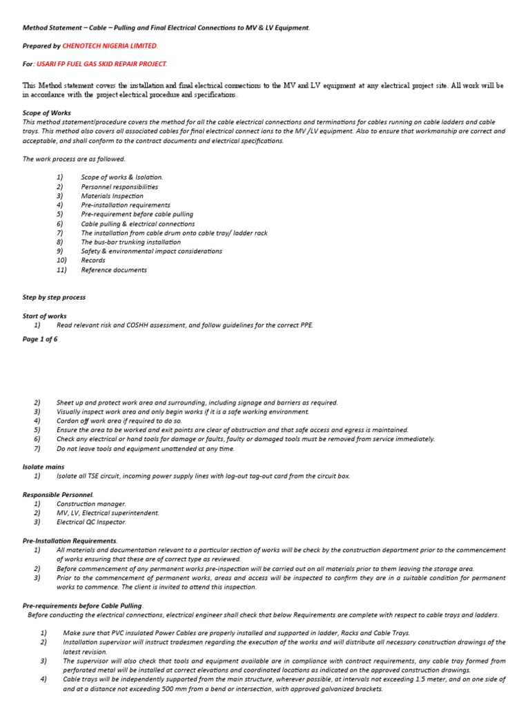 Cable Pulling and Termination Method Statement | PDF | Electrical ...