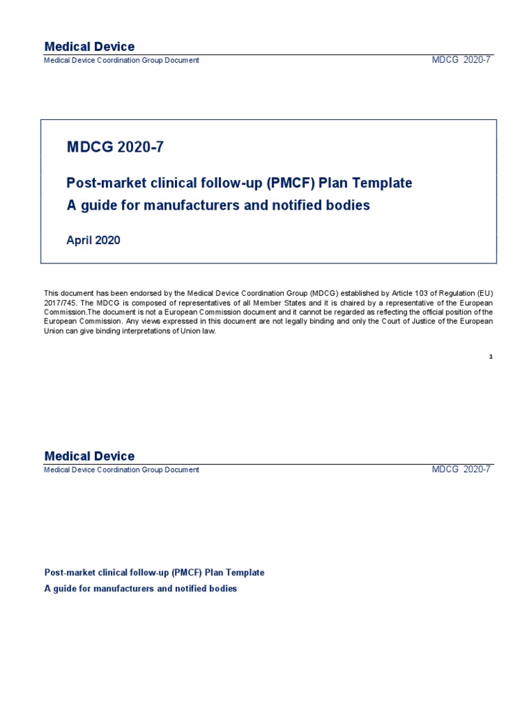 MDCG 20207 Guidance On PMCF Plan Template PDF Medical Device