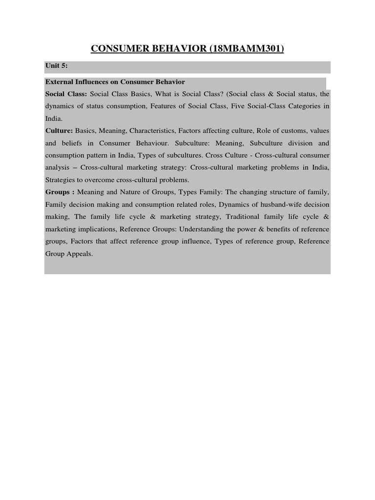 CB Notes Unit 5 PDF Social Status Consumer Behaviour
