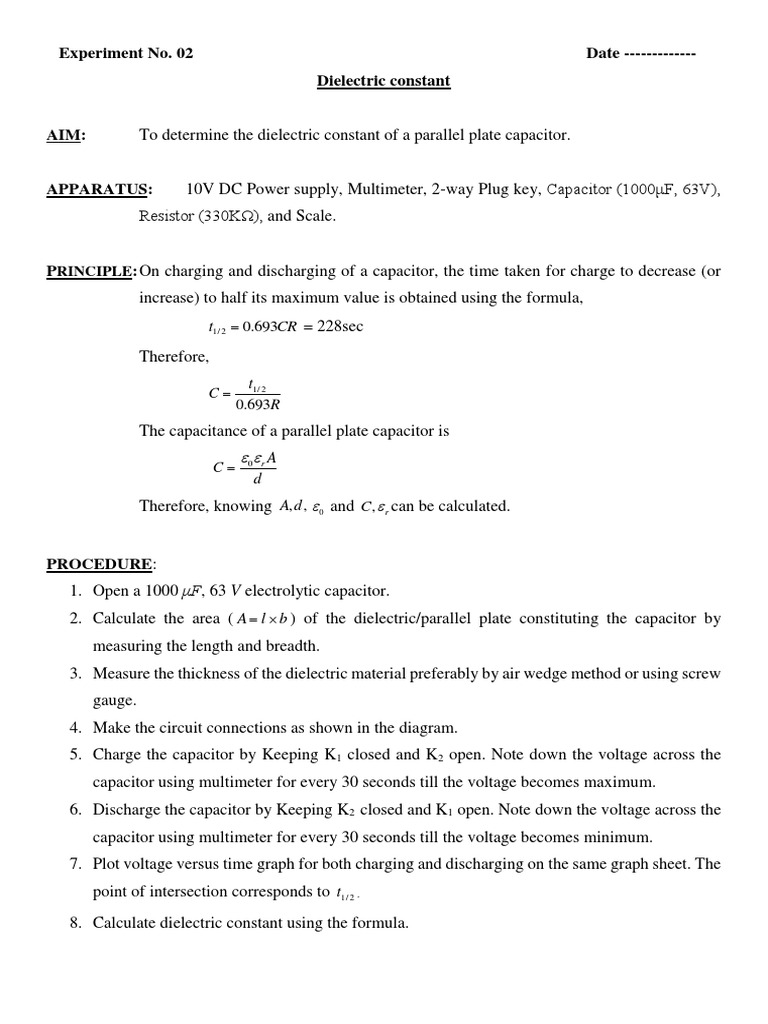 Experiment No. 02 Date - Dielectric Constant: Rinciple | Download Free ...