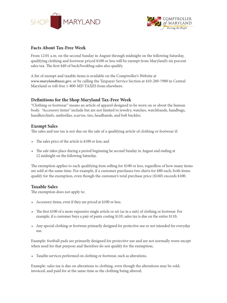 Maryland TaxFree Week Facts PDF Tax Exemption Sales