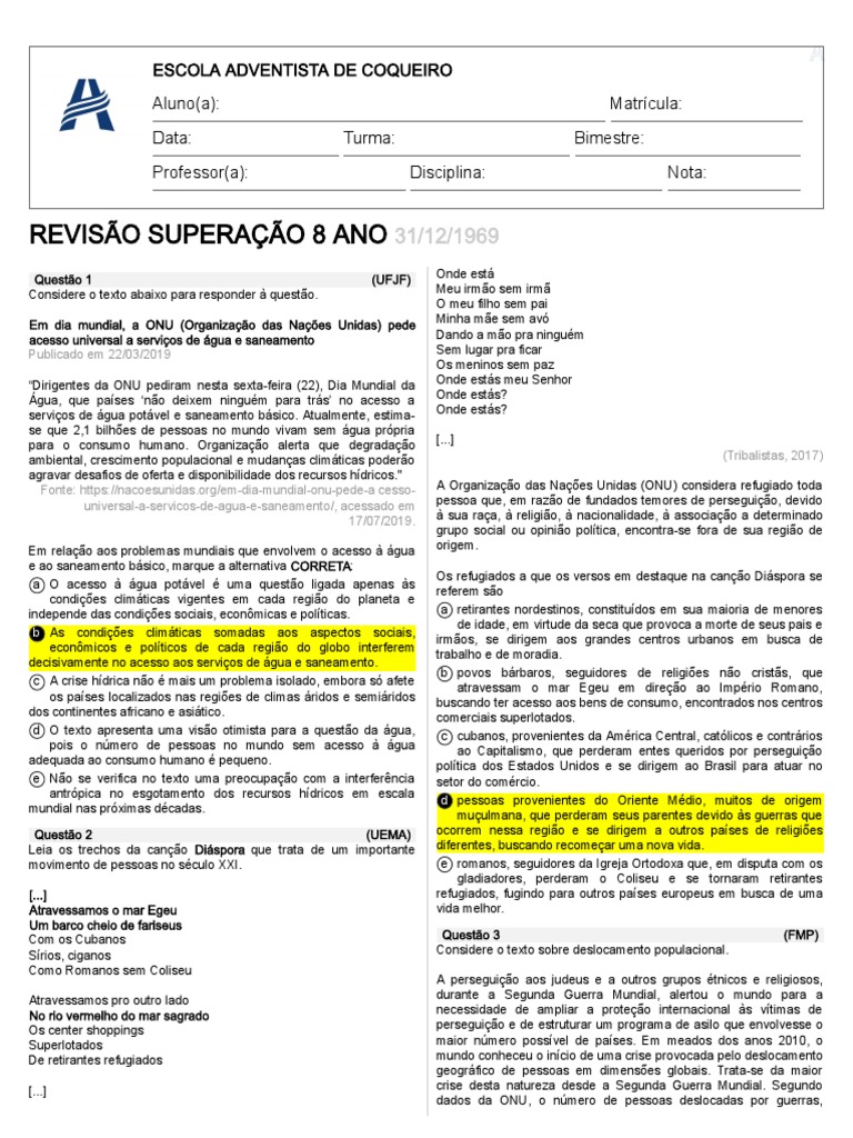 Revisao Superacao 8 Ano | PDF | Nações Unidas | Relações Internacionais