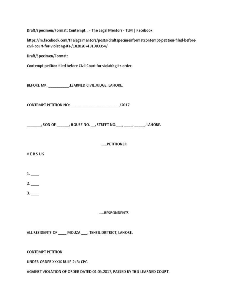 Contempt Petition Draft Format | PDF | Lawsuit | Contempt Of Court