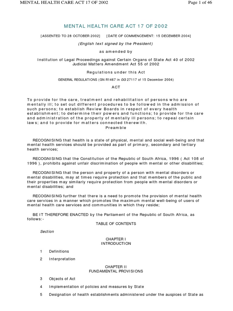 Mental Health Care Act No 17 Of 2002 Pdf Mental Health Psychiatry