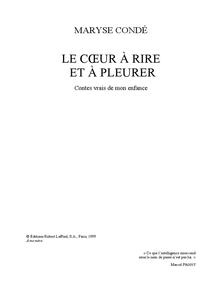Poème Qui Fait Pleurer Les Filles Pdf Maryse CONDÉ - Le Coeur À Rire Et À Pleurer | PDF