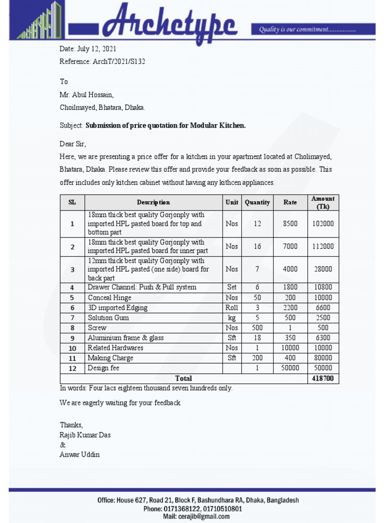 Modular Kitchen Price Quotation Dhaka | PDF | Home & Garden ...