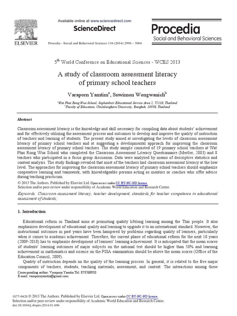 A Study of Classroom Assessment Literacy of Primary School Teachers ...