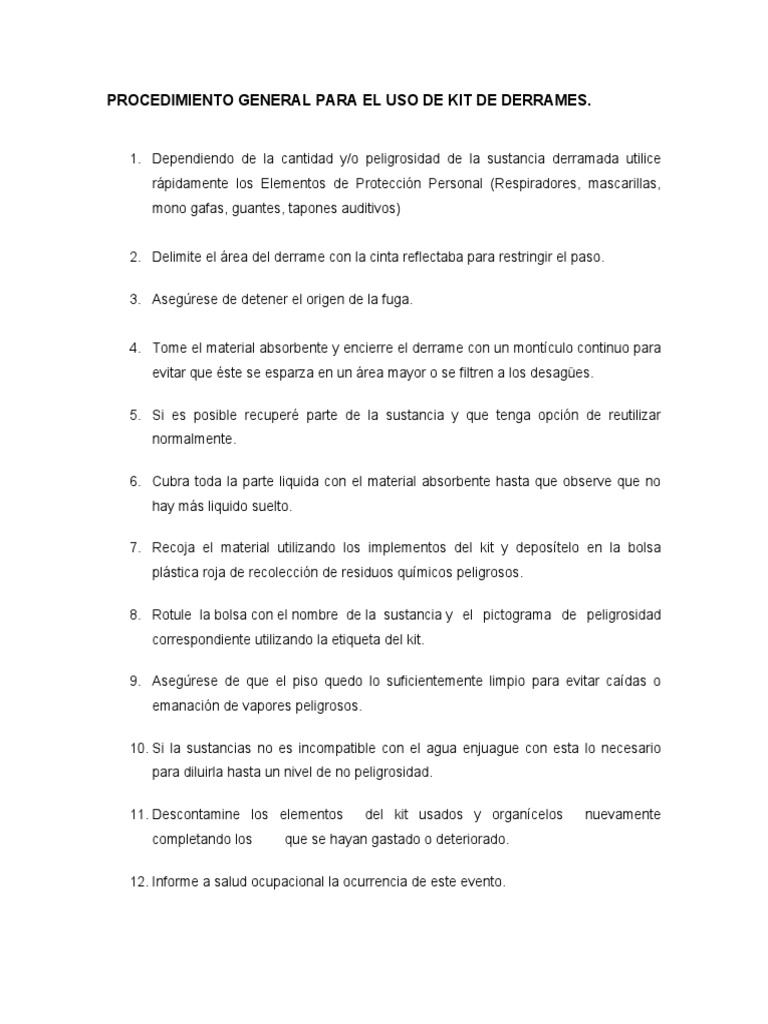 Procedimiento General para El Uso de Kit de Derrames | PDF | Residuos