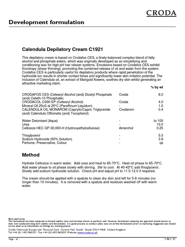 Development Formulation Calendula Depilatory Cream C1921 PDF Ph Emulsion