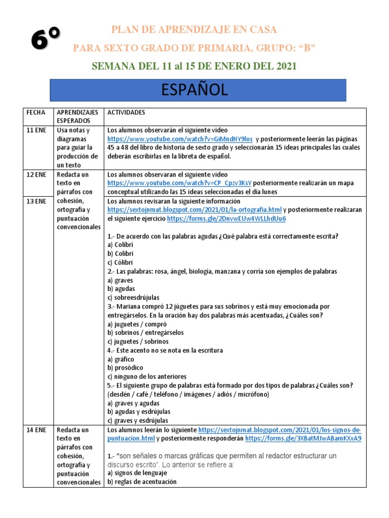 Plan de Aprendizaje Español 6° Grado | PDF | Puntuación | Escritura
