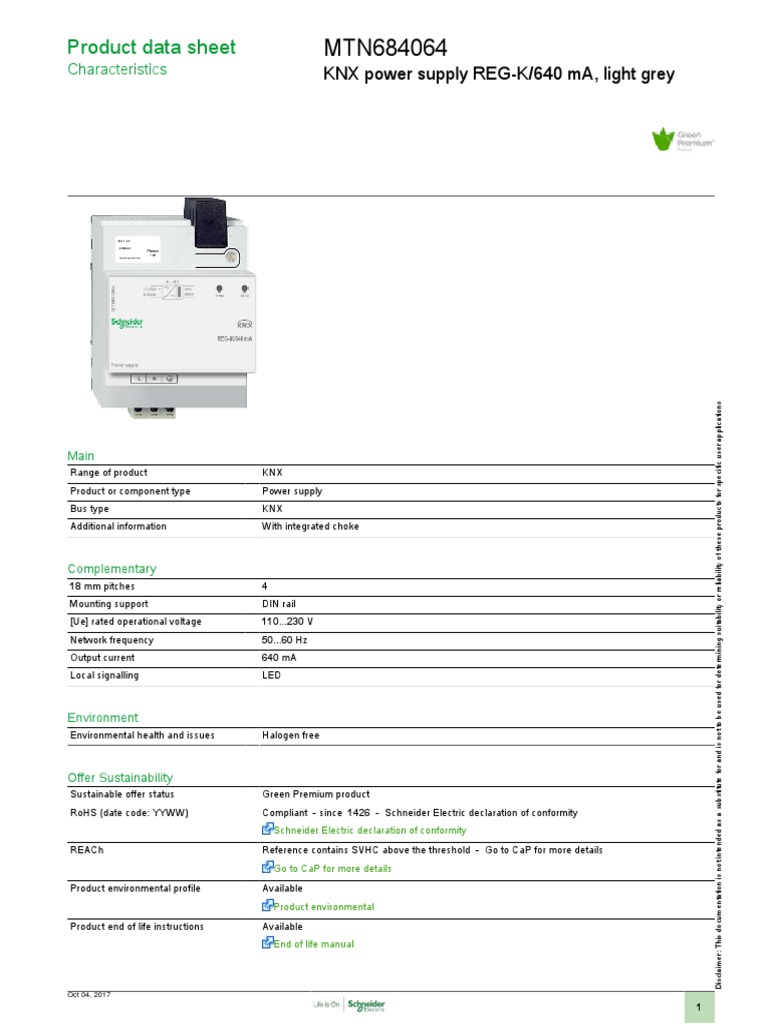 Product Data Sheet KNX Power Supply REGK/640 Ma, Light Grey PDF