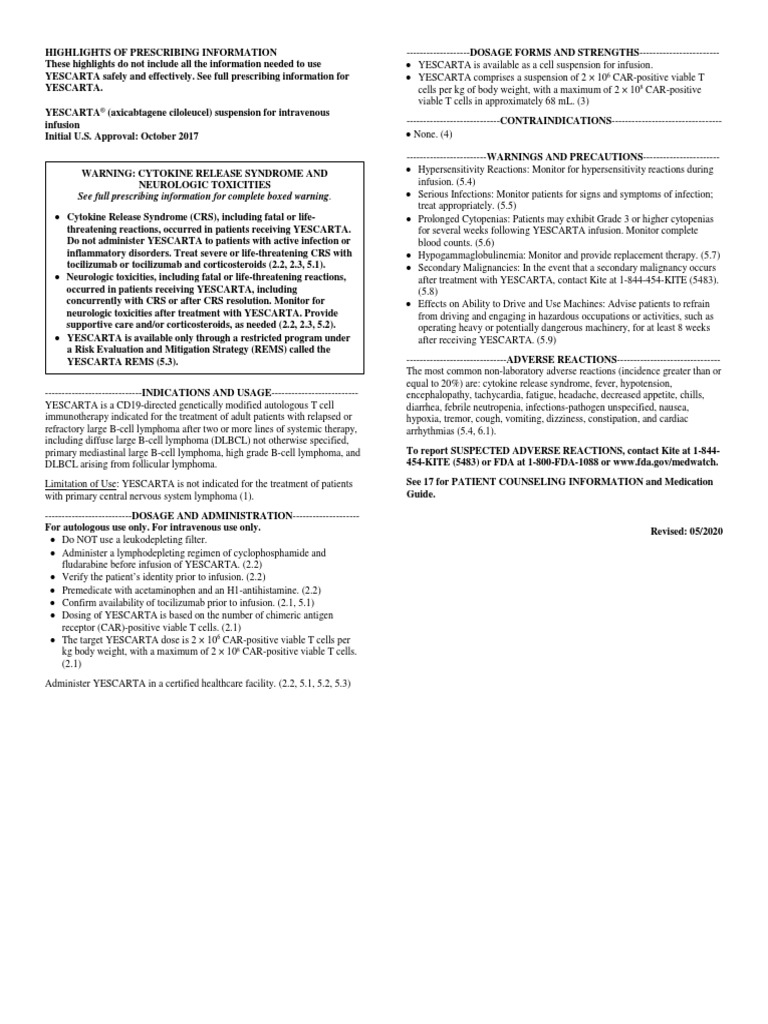 Package Insert - YESCARTA | PDF | Lymphoma | Hepatitis B