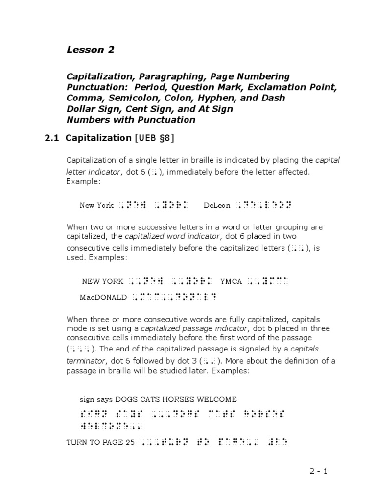 Braille Lesson 2 PDF Punctuation Paragraph