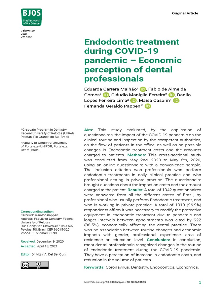 Endodontic Treatment During COVID19 Pandemic Economic Perception of
