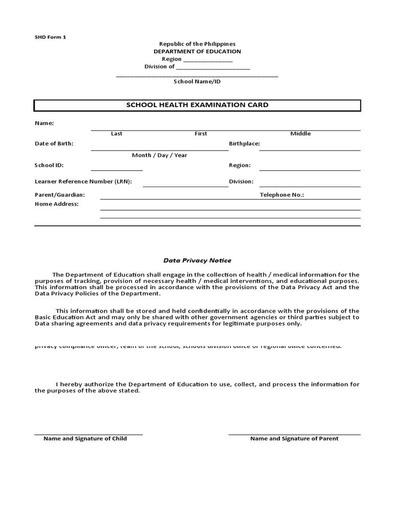 School Health Examination Card Department of Education PDF