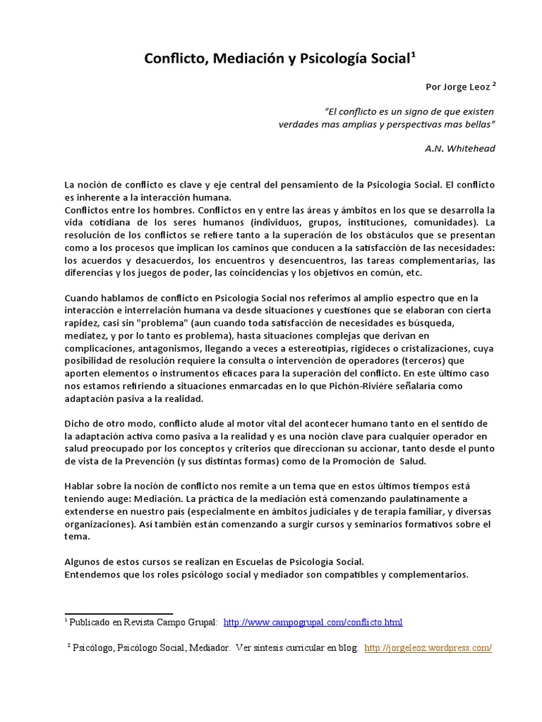 Conflicto y Mediación en Psicología Social | PDF | Sicología | Mediación