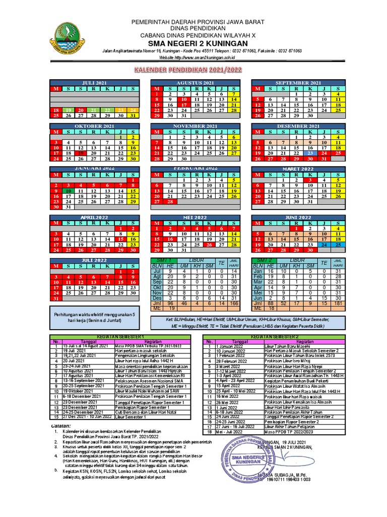 Kalender Pendidikan Sman 2 Kuningan TP 20212022 New | PDF