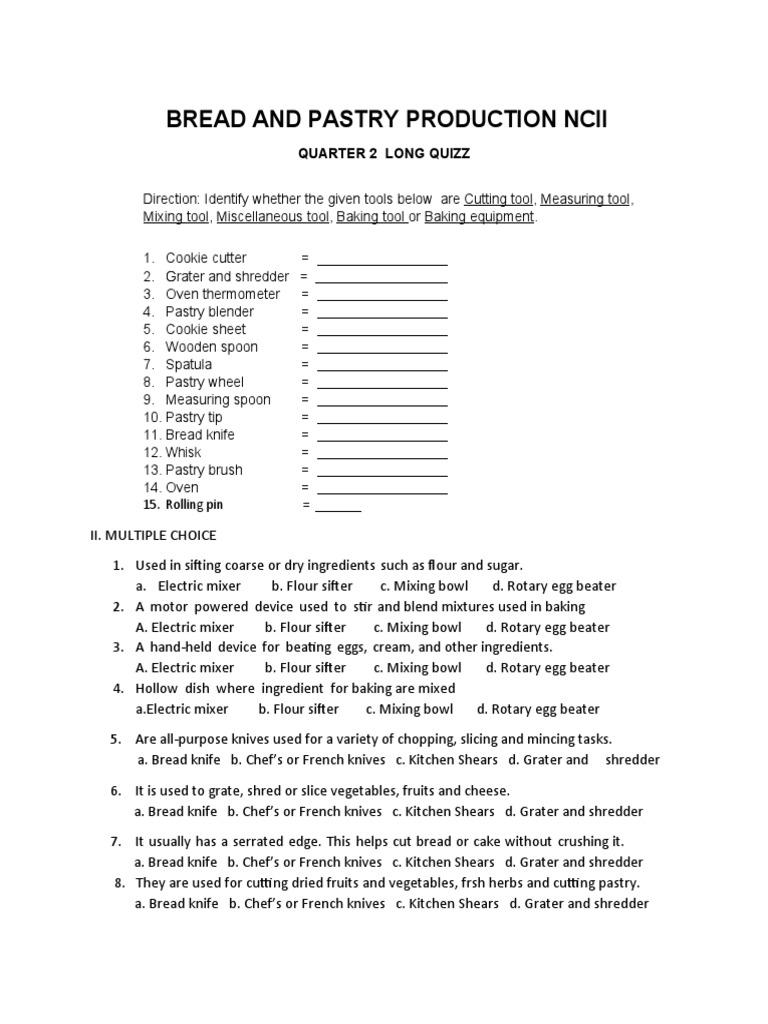 Bread and Pastry Production Ncii Long Quizz PDF Dough Knife