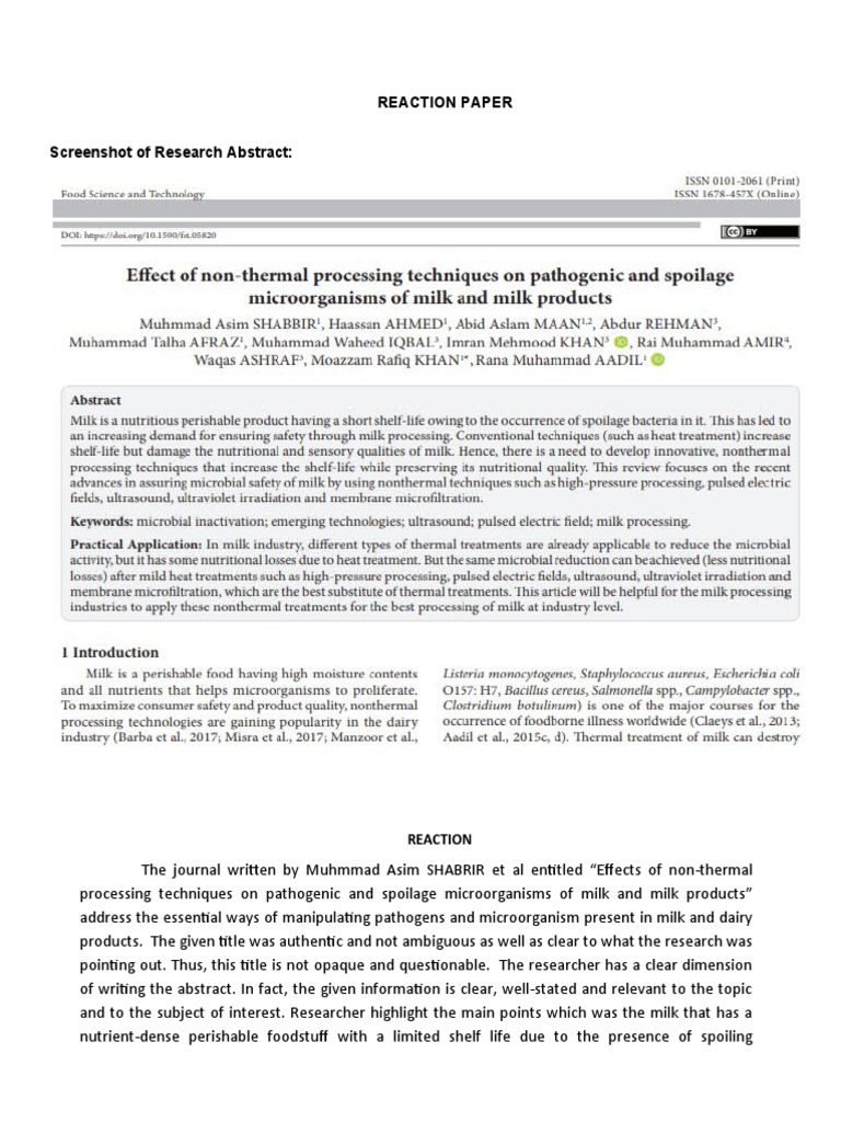 Reaction Paper Screenshot of Research Abstract | PDF | Milk | Microbiology