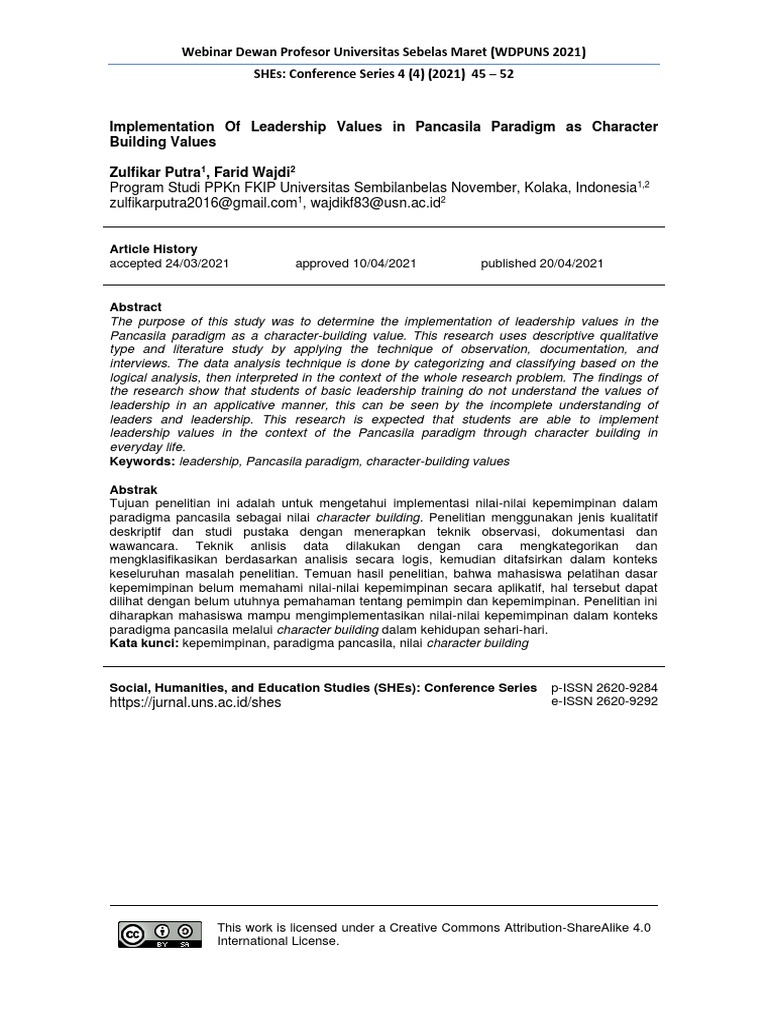 Implementation of Leadership Values in Pancasila Paradigm As Character ...