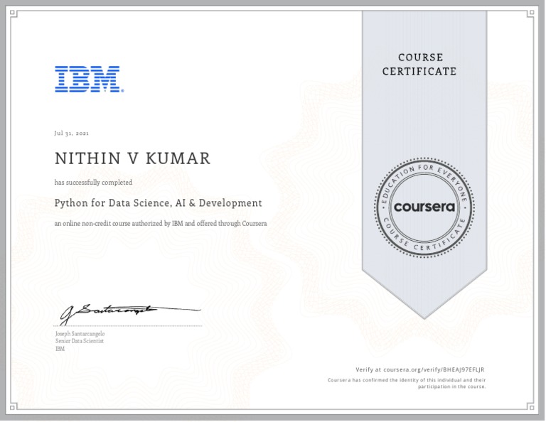 Nithin V Kumar: Python For Data Science, AI & Development | PDF