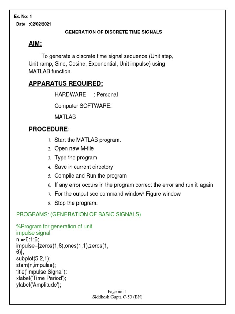 Start The MATLAB Program.: Generation of Discrete Time Signals | PDF ...
