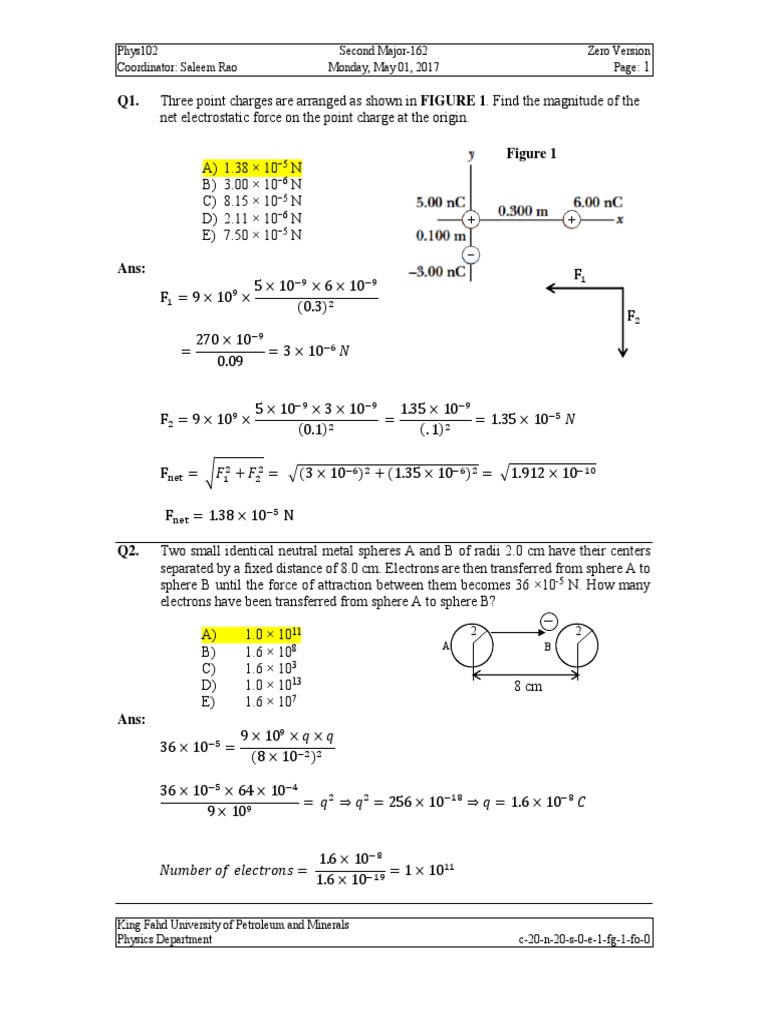 Physics Exam Questions and Solutions | PDF | Capacitor | Sphere