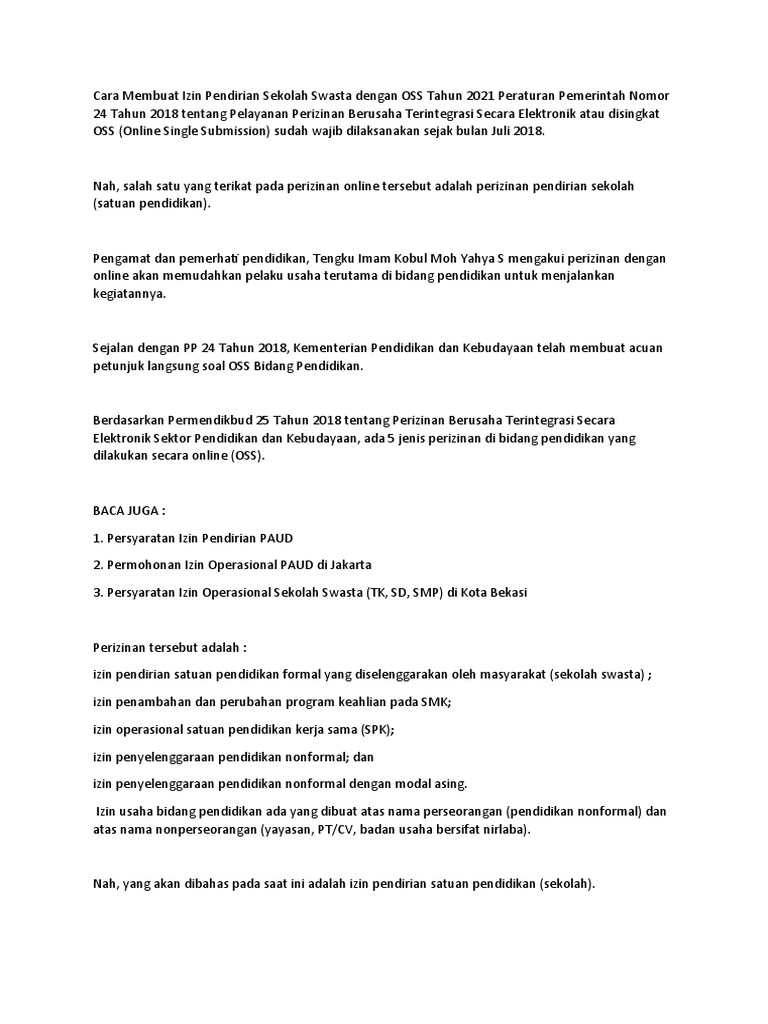 Cara Membuat Izin Pendirian Sekolah Swasta Dengan Oss Tahun 2021 Pdf