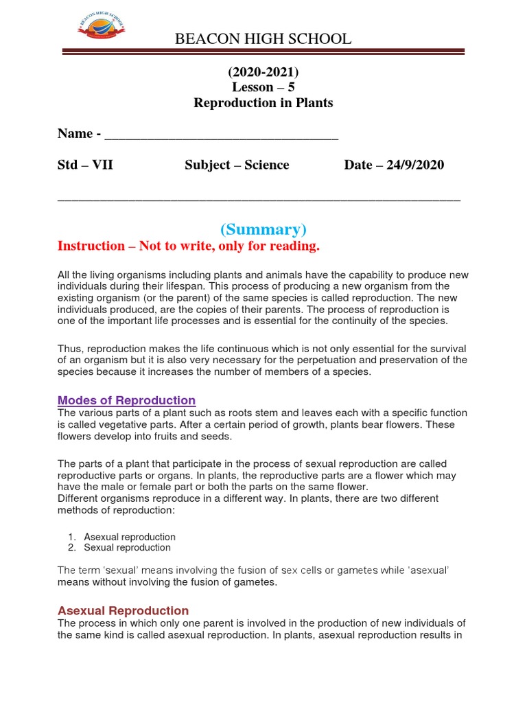 Science Ls 5 Reproduction In Plants All Notes Pdf Flowers Seed