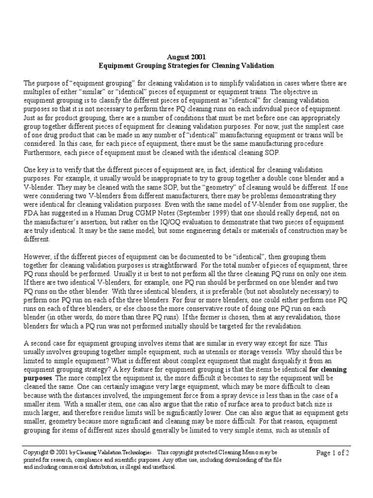 August 2001 Equipment Grouping Strategies For Cleaning Validation PDF