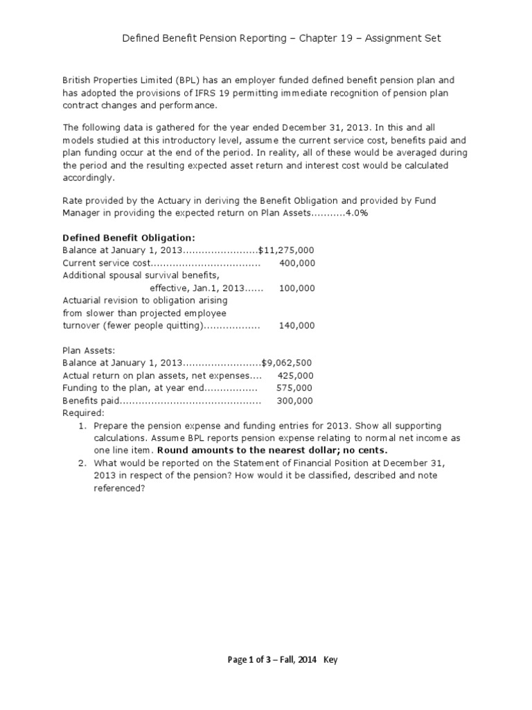 Defined Benefit Pension Reporting Chapter 19 Assignment Set PDF
