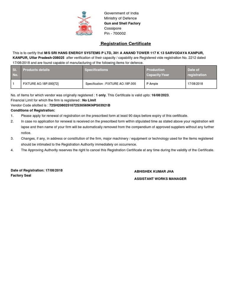 GSF Registration Certificate for Hans Energy | PDF | Government